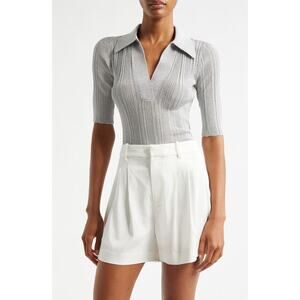 A.L.C. Joey Metallic Silver Knit Elbow Sleeve Collared Split Neck Polo Shirt M